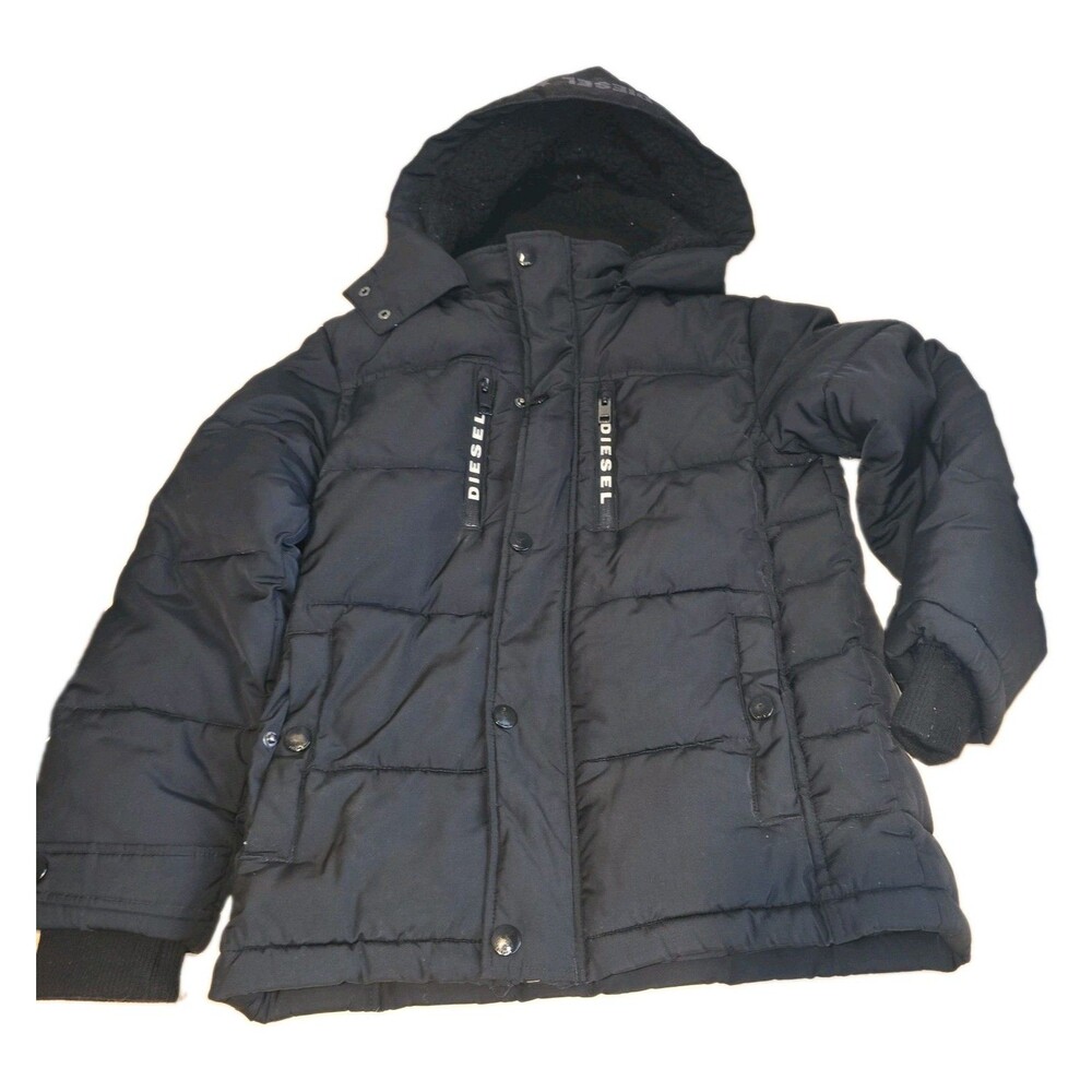 Diesel Youth 10/12 Black Puffer Parka Coat Faux Fur Hooded Broken Zipper Tab